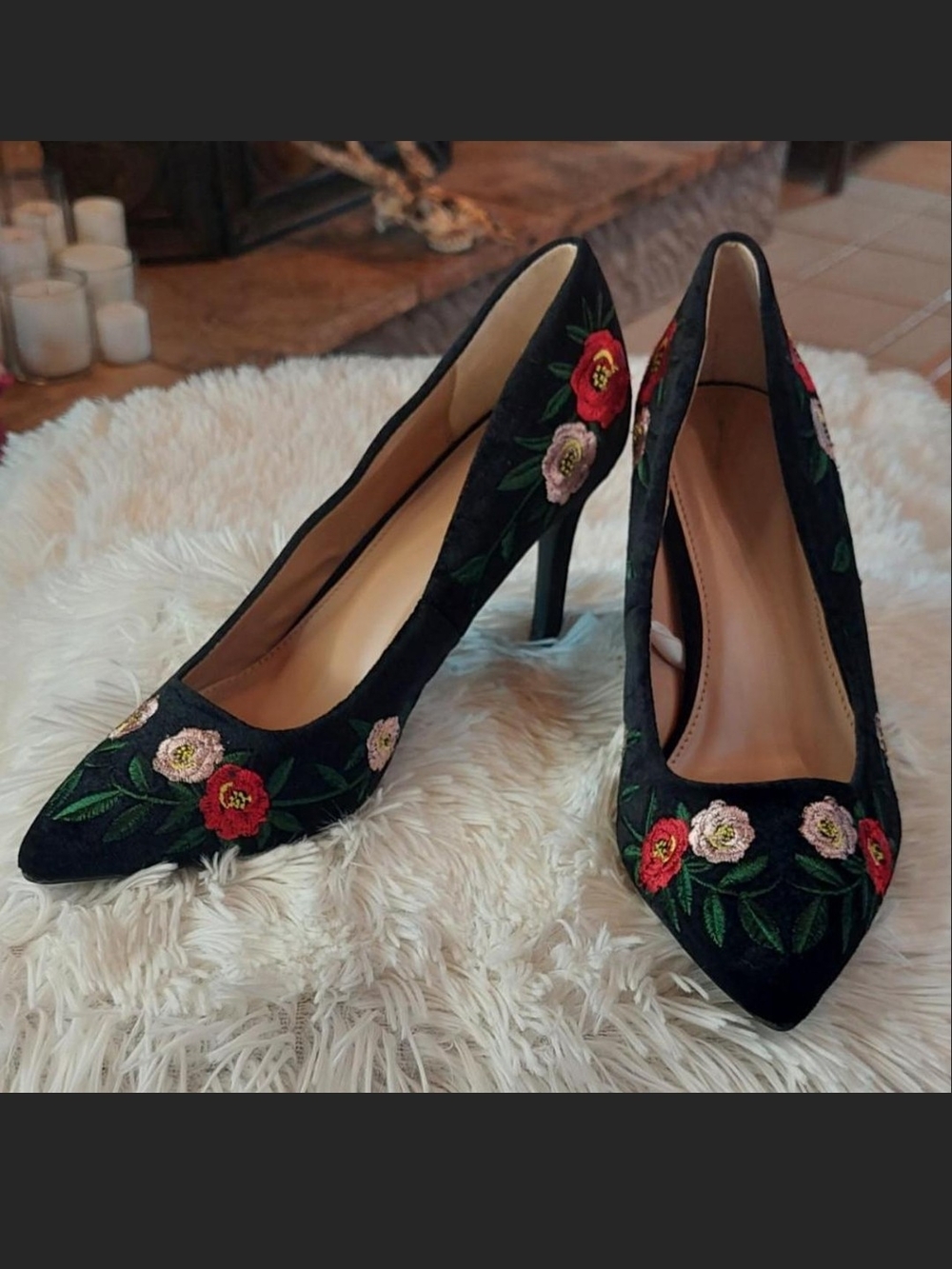 A New Day Black Velvet Floral Embroidered Pumps Pointed Toe Stiletto Size 8 Like